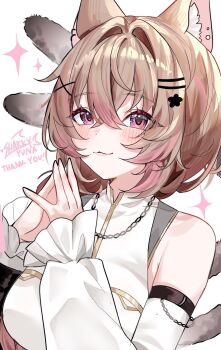 1girl :3 animal_ear_fluff animal_ears armpit_crease bare_shoulders blush breasts brown_hair character_request closed_mouth commentary commission crossed_bangs detached_sleeves dress english_commentary hair_between_eyes hair_intakes hair_ornament hairclip hands_up highres indie_virtual_youtuber long_hair long_sleeves looking_at_viewer medium_breasts own_hands_together parallel_hairclips purple_eyes sharkyyuna sleeveless sleeveless_dress smile solo thank_you upper_body virtual_youtuber white_background white_dress x_hair_ornament