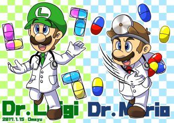 brown_hair capsule coat dr._luigi dr._luigi_(game) dr._mario dr._mario_(game) facial_hair hat lab_coat luigi mario mario_(series) mustache necktie nintendo omayu5463 pilder shoes smile