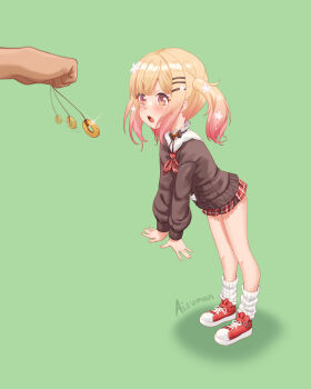 1boy 1girl @_@ absurdres aisuman bare_legs blonde_hair blush coin coin_on_string empty_eyes flat_chest full_body green_background hair_ornament hairclip highres hololive hypnosis loli long_sleeves looking_at_another mind_control miniskirt momosuzu_nene motion_blur motion_lines open_mouth plaid_clothes plaid_skirt red_footwear school_uniform serafuku shoes short_hair sidelocks simple_background skirt sneakers socks solo_focus standing thighs twintails virtual_youtuber white_socks