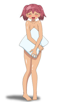 1girl anifamu barefoot blush breasts completely_nude convenient_censoring covering_breasts covering_privates feet full_body highres hinata_natsumi holding holding_pillow keroro_gunsou looking_at_viewer nude open_mouth pillow pink_hair short_hair simple_background smile solo twintails