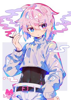 1boy artist_logo belt belt_buckle black_belt black_bodysuit blue_eyes blush bodysuit bright_pupils buckle cigarette covered_navel cowboy_shot crop_top cropped_sweater hair_between_eyes hand_on_own_hip heterochromia highres holding holding_cigarette layered_sleeves logo long_sleeves male_focus original pants pink_eyes pink_hair raito-kun_(uenomigi) short_hair smoke smoking solo square standing sweater trap turtleneck turtleneck_sweater uenomigi white_background white_pants white_pupils white_sweater