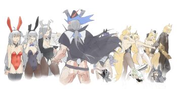 amiya_(arknights) andreana_(arknights) anger_vein animal_ears arknights blemishine_(arknights) blonde_hair blue_eyes blue_hair breasts can't_choose_your_own_family cat_ears cat_tail cleavage crying doctor_(arknights) fake_animal_ears fake_tail fishnets formal_clothes gandy_(gan3e46) gladiia_(arknights) green_eyes green_hair grey_hair hair_ornament hat highres holding holding_mace holding_weapon horse_ears horse_tail kal'tsit_(arknights) large_breasts laughing licking long_hair mace medium_breasts mlynar_(arknights) muscular muscular_male nearl_(arknights) pantyhose playboy_bunny ponytail pulling rabbit_ears rabbit_tail short_hair skadi_(arknights) sketch smile specter_(arknights) suit surprised tail tentacle_tail thighhighs v walking_away weapon whislash_(arknights)