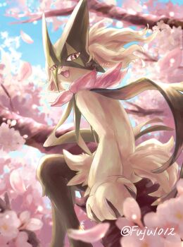 1other absurdres cherry_blossoms commentary_request fuju1012 furry green_hair highres in_tree mask meowscarada nintendo open_mouth other_focus pink_eyes pokemon pokemon_(creature) sitting sitting_in_tree smile solo tail tree