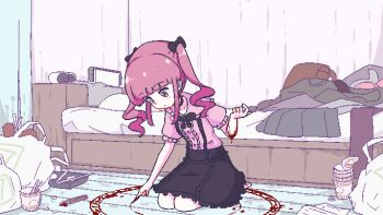 1girl alarm_clock bad_id bad_twitter_id bag bed black_bow black_bowtie black_choker blood blood_drip blood_on_arm bow bowtie boxcutter chibikki choker chopsticks clock drawing_(action) hair_bow highres indoors looking_down magic_circle messy_room nintendo_switch original pink_eyes pink_hair pink_shirt pixel_art plastic_bag saki_(chibikki) seiza self-harm shirt sitting skirt solo suspender_skirt suspenders twintails wooden_floor wrist_cutting