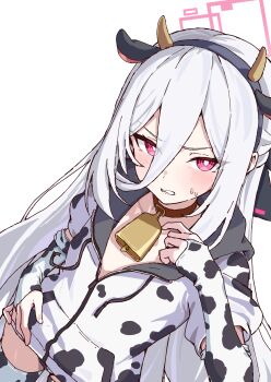 1girl absurdres animal_ear_hairband animal_ears animal_print bell black_hairband blue_archive blush commentary_request commission cow_ear_hairband cow_ears cow_horns cow_print cow_print_thighhighs cowbell drawstring fake_animal_ears hair_between_eyes hairband half_updo halo highres hood hooded_jacket horns jacket kei_(blue_archive) long_hair long_hair_between_eyes looking_at_viewer neck_bell paid_reward_available pink_eyes pink_halo print_thighhighs rectangular_halo ringed_eyes simple_background skeb_commission solo textless_version thighhighs transparent_background very_long_hair white_hair yucblossom