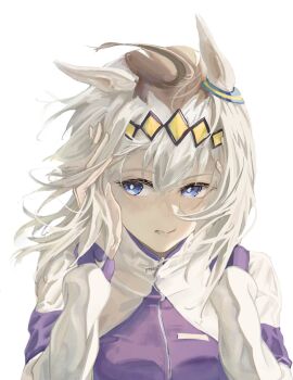#facing 1girl animal_ears blue_eyes dybala41 facing_ahead hairband highres horse_ears horse_girl light_blush oguri_cap_(umamusume) umamusume white_background white_hair wind wind_lift