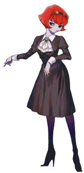 1girl ascot black_dress black_eyes black_hairband black_pantyhose closed_mouth commentary_request contrast_collar dress full_body glymmtd hairband juliet_sleeves long_sleeves looking_at_viewer pantyhose pointy_nose puffy_sleeves r_dorothy_wayneright red_hair short_hair solo standing the_big_o transparent_background white_ascot