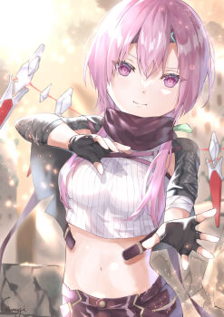 1girl absurdres bandages black_capelet black_gloves black_headband black_scarf breasts capelet closed_mouth crop_top fingerless_gloves floating floating_object floating_weapon gloves hair_between_eyes headband heaven_burns_red highres knife long_hair looking_at_viewer matsuoka_chiroru medium_breasts midriff navel pink_eyes pink_hair purple_eyes ribbed_shirt scarf shirt shorts sleeveless smile solo tsumugi-t upper_body v-shaped_eyebrows weapon white_shirt
