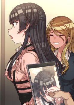 1boy 2girls ^_^ after_ejaculation after_fellatio black_hair black_skirt breasts brown_hair cellphone cellphone_photo closed_eyes commentary_request covering_face cum cum_in_mouth cum_on_body cum_on_penis earrings erere holding holding_phone idolmaster idolmaster_shiny_colors izumi_mei jewelry juxtaposition long_hair looking_ahead mayuzumi_fuyuko medium_breasts multiple_girls phone photo_comparison pink_shirt pov pov_hands profile school_uniform shirt skirt smile very_long_hair