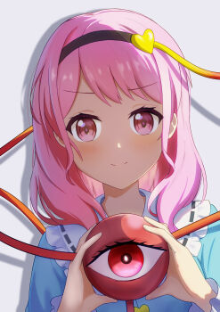 1girl absurdres bang_dream! blue_shirt blush chinese_commentary closed_mouth commentary_request contrast_collar cosplay frilled_shirt_collar frills hairband highres komeiji_satori komeiji_satori_(cosplay) long_sleeves looking_at_viewer maruyama_aya medium_hair pink_eyes pink_hair shiro_(user_1048334293) shirt smile solo third_eye touhou white_background