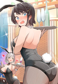 Rule 34 | 2girls, absurdres, alternate costume, animal ears, ass, black pantyhose, blue eyes, blush, breasts, brown hair, cup, drinking glass, fake animal ears, fake tail, green eyes, grey hair, heart, highres, holding, holding plate, hololive, jakoten (pixiv 54744064), large breasts, looking at viewer, multiple girls, oozora subaru, open mouth, pantyhose, plate, playboy bunny, poker chip, rabbit ears, rabbit tail, shirogane noel, short hair, smile, tail, virtual youtuber, wine glass