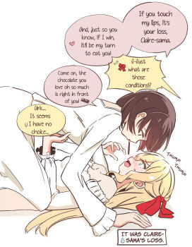 2girls all_fours alternate_language bare_shoulders blonde_hair brown_eyes brown_hair claire_francois commentary_request dress embarrassed english_text eye_contact food girl_on_top green_eyes hair_ribbon hand_on_another&#039;s_stomach heart highres krill55 long_hair long_sleeves looking_at_another multiple_girls off-shoulder_dress off_shoulder open_mouth pocky pocky_kiss profile rae_taylor red_ribbon ribbon shared_food short_hair sidelocks sound_effects speech_bubble spoken_heart sweatdrop watashi_no_oshi_wa_akuyaku_reijou white_dress yukadon yuri