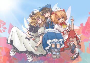 3girls :d ankle_garter ascot black_bow black_bowtie black_ribbon black_shoes black_wrist_cuffs blonde_hair bloomers blue_bloomers blue_bow blue_dress blue_eyes blue_socks blush bow bowtie brown_hair closed_eyes closed_mouth commentary contrast_collar dress dress_bow drill_hair english_commentary fairy fairy_wings footwear_bow frilled_cuffs frilled_dress frilled_shirt_collar frilled_sleeves frilled_wrist_cuffs frills grey_socks hair_bow hand_on_own_stomach hat hat_ribbon head_rest highres large_bow long_hair luna_child medium_hair mixed-language_commentary multiple_girls neck_ribbon open_mouth orange_hair puffy_short_sleeves puffy_sleeves red_bow red_ribbon red_skirt resting rgley ribbon shirt shoes short_hair short_sleeves sitting skirt sleeve_ribbon smile snapping_fingers socks star_ornament star_sapphire touhou underwear white_bow white_dress white_hat white_headdress white_shirt white_shoes white_socks wings wrist_cuffs yellow_ascot yellow_bow