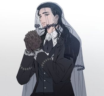 1boy absurdres alternate_costume animification black_gloves black_hair black_jacket black_veil black_vest gloves green_eyes hair_slicked_back hashtag-only_commentary highres iiia_puhiii jacket lace lace_gloves loki_(marvel) long_hair looking_to_the_side male_focus marvel own_hands_clasped own_hands_together parted_lips shirt solo thor_(marvel)_(series) upper_body veil vest white_background white_shirt