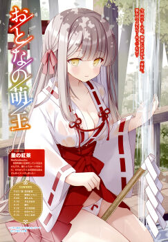 1girl absurdres artist_name between_thighs blunt_bangs bow bow_panties breasts cleavage closed_mouth clothes_lift collarbone dengeki_moeoh gohei grey_hair hair_ribbon hakama hakama_short_skirt hakama_skirt highres hoshino_koucha japanese_clothes kosode lifting_own_clothes light_blush long_hair looking_at_viewer magazine_scan medium_breasts no_bra nontraditional_miko official_art original panties red_bow red_ribbon red_skirt ribbon scan see-through_clothes shiny_skin sidelocks sitting skirt skirt_lift smile solo third-party_source translation_request underwear water wet wet_clothes wet_kimono wet_panties white_panties wide_sleeves yellow_eyes