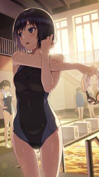 4girls absurdres amagami bare_arms bare_shoulders barefoot black_hair black_one-piece_swimsuit blue_eyes blue_one-piece_swimsuit blush breasts commentary_request competition_swimsuit cowboy_shot cross-body_stretch goggles hand_on_own_hip highres holding indoors lane_line large_breasts lens_flare looking_to_the_side multiple_girls nanasaki_ai one-piece_swimsuit open_mouth ponytail pool pool_ladder poolside short_hair solo_focus standing starting_block swim_cap swim_goggles swimsuit towel towel_around_neck tsukahara_hibiki two-tone_one-piece_swimsuit unworn_goggles unworn_swim_cap water water_drop wet zelo6