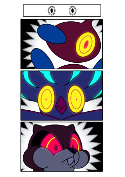 absurdres beak closed_mouth colored_sclera eye_focus fukidashi_cotton gen_4_pokemon gen_5_pokemon gen_6_pokemon glowing glowing_eyes highres looking_at_viewer malamar mega_malamar mega_pokemon nintendo no_humans pokemon pokemon_(creature) pokemon_focus porygon-z red_eyes teeth watchog yellow_eyes