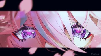 1girl absurdres evanescia_(honkai:_star_rail) eye_focus eyeliner falling_petals hair_between_eyes highres honkai:_star_rail honkai_(series) letterboxed lolbyts makeup outside_border petals pink_hair pink_petals purple_eyes red_eyeliner solo twitter_username