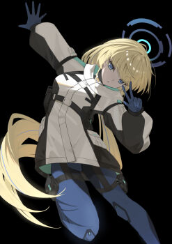 1girl absurdres blonde_hair blue_archive blue_eyes blue_gloves blue_halo commentary_request gloves halo highres lisu long_hair parted_lips solo toki_(blue_archive) v very_long_hair