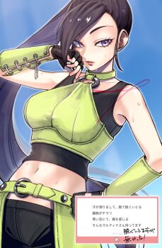 Rule 34 | 1girl, apio chama, black gloves, black hair, black shorts, black tank top, breasts, choker, commentary request, dragon quest, dragon quest xi, fingerless gloves, gloves, green choker, hand on own hip, highres, leather, leather skirt, long hair, martina (dq11), medium breasts, navel, o-ring, o-ring top, open mouth, ponytail, purple eyes, short shorts, shorts, skirt, solo, sweat, tank top, translation request