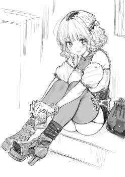 1girl :d bag beer_can blush bow can drink_can fang garter_straps hair_bow heart heart_print high_heels highres holding holding_can looking_at_viewer monochrome multicolored_hair mushi024 nail_polish off-shoulder_shirt off_shoulder open_mouth original print_bag puffy_short_sleeves puffy_sleeves roots_(hair) scrunchie shirt short_hair short_sleeves sitting skirt smile socks_over_thighhighs solo strong_zero thighhighs wavy_hair wrist_scrunchie