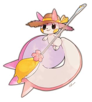 alternate_color artist_name black_eyes commentary floating flower gen_4_pokemon hat highres honey nintendo no_humans ojikano pachirisu pokemon pokemon_(creature) pokemon_focus ribbon shiny_pokemon simple_background solo spoon squirrel straw_hat white_background