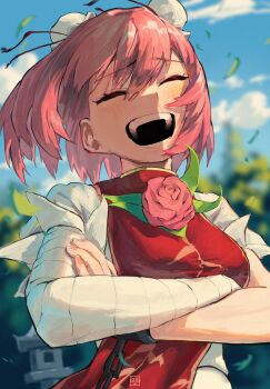 1girl absurdres bandaged_arm bandages blast-7 blue_sky blurry blurry_background breasts bun_cover closed_eyes cloud commentary_request crossed_arms day double_bun falling_leaves flower hair_between_eyes hair_bun highres ibaraki_kasen laughing leaf long_bangs medium_breasts open_mouth outdoors pink_flower pink_hair pink_rose revision rose shirt short_hair short_sleeves sky smile solo tabard teeth touhou upper_body white_shirt