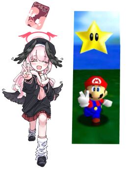 Rule 34 | 1boy, 1girl, :d, absurdres, beret, black hat, black shirt, black shoes, black skirt, black wings, blue archive, blush, commentary request, dot nose, eyes visible through hair, facing viewer, full body, game screenshot inset, halo, hat, head wings, highres, koharu (blue archive), long hair, loose socks, mario, mario (series), neckerchief, nintendo, open mouth, pink hair, pink neckerchief, pleated skirt, pornography, pose imitation, red halo, red hat, red skirt, reference inset, screenshot inset, shirt, shoes, simple background, single bare shoulder, sketch, skirt, smile, socks, standing, super mario 64, super star (mario), v, white background, white socks, wings, wu-234
