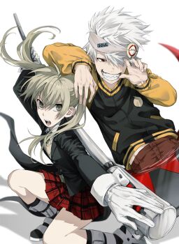 Rule 34 | 1boy, 1girl, black jacket, blonde hair, boots, breasts, brown pants, collared shirt, drooling, gloves, grey eyes, grey hair, grey headband, grey sweater, grin, hair between eyes, hair over one eye, hashtag-only commentary, headband, highres, holding, holding scythe, jacket, jjy249, long hair, maka albarn, medium breasts, midriff peek, mouth drool, necktie, open mouth, pants, parted lips, plaid clothes, plaid skirt, red eyes, red skirt, school uniform, scythe, sharp teeth, shirt, short hair, skirt, smile, soul eater, soul evans, striped clothes, striped necktie, suit jacket, sweater, teeth, twintails, white background, white gloves, white shirt, yellow sleeves
