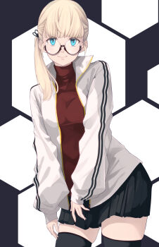 Rule 34 | 1girl, alternate costume, bespectacled, black skirt, black thighhighs, blonde hair, blue eyes, blunt bangs, breasts, closed mouth, commentary request, glasses, highres, jacket, kantai collection, long sleeves, looking at viewer, miniskirt, neko no hige, open clothes, open jacket, round eyewear, shin'you (kancolle), side ponytail, simple background, skirt, solo, thighhighs, white jacket