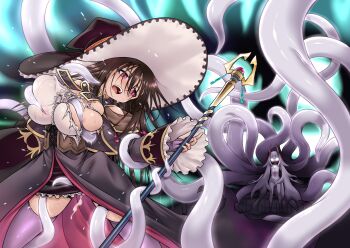 2girls areola_slip black_skirt breasts bridal_gauntlets corset cowboy_shot grabbing_another&#039;s_breast groping hat highres holding holding_staff large_breasts large_hat loli minami_juujisei miniskirt monster_girl multiple_girls original pink_eyes purple_thighhighs skirt staff tearing_clothes tentacles thighhighs torn_clothes wide_sleeves witch witch_hat wizard