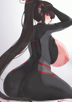 1girl arms_up ass back black_bodysuit black_hair blue_archive blush bodysuit breasts breasts_out condom cream_cod hair_ornament halo high_ponytail huge_breasts long_hair looking_at_viewer looking_back nipples open_clothes ponytail red_eyes rio_(armed)_(blue_archive) rio_(blue_archive) sidelocks sitting solo steaming_body thick_thighs thighs used_condom