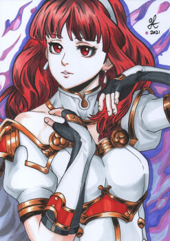 1girl armor aura breastplate cape celica_(fire_emblem) celica_(imprisoned_soul)_(fire_emblem) choker corruption dark_aura dark_persona dress duma_(fire_emblem) earrings fingerless_gloves fire_emblem fire_emblem_echoes:_shadows_of_valentia fire_emblem_heroes gladysteoart gloves intelligent_systems jewelry long_hair nintendo possessed possession princess red_eyes red_hair tiara white_armor white_dress witch