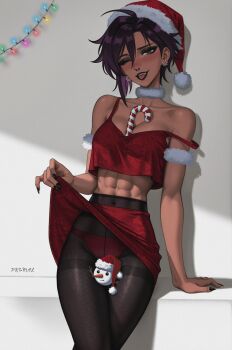 Rule 34 | 1girl, abs, black hair, black lips, black pantyhose, blush, candy, candy cane, christmas lights, clothes lift, commentary, crop top, crossed legs, dispatch, earrings, english commentary, fluffy collar, food, hat, highres, invisigal (dispatch), jewelry, one eye closed, panties, pantyhose, peppermint, prixmal, red panties, red skirt, red tank top, santa hat, septum piercing, short hair, skirt, skirt lift, snowman, solo, tank top, underwear, white background
