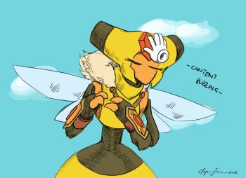 Rule 34 | 2016, 2koma, blue sky, closed eyes, cloud, cloudy sky, comic, commentary, creature, day, defiant drills, english commentary, english text, gen 4 pokemon, nintendo, no humans, outdoors, pokemon, pokemon-amie, pokemon (creature), signature, sky, solo, upper body, vespiquen