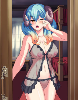 1girl babydoll bed black_panties blonde_hair blush breasts brown_eyes bunk_bed cameltoe collarbone cowboy_shot curtains demon_horns doorway female_focus frilled_panties frills green_hair hair_between_eyes head_tilt highres horns indoors kanabuso lapis_(sennen_sensou_aigis) large_breasts long_hair looking_at_viewer multicolored_hair navel nipples open_door open_mouth panties rubbing_eyes see-through_clothes sennen_sensou_aigis solo tears two-tone_hair underwear window