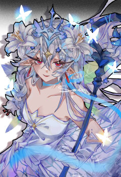 1girl bare_shoulders blue_flower blue_ribbon blue_tiara breasts brooch bug butterfly chinese_commentary cleavage closed_mouth collarbone commentary_request cookie_run cookie_run:_kingdom cowboy_shot crossed_bangs diamond_hair_ornament dot_nose dress eyelashes fairy feather-trimmed_dress floating_clothes flower four-pointed_star gloves gradient_background grey_background hair_between_eyes hair_flower hair_ornament happy hi_sunger highres holding holding_staff humanization insect jewelry light_blush lily_(flower) list long_dress long_eyelashes long_hair_between_eyes medium_breasts neck_ribbon official_alternate_costume pendant_earring pointy_ears red_eyes red_lips ribbon shadow simple_background skirt_hold smile solo staff standing star_brooch strapless strapless_dress white_background white_butterfly white_dress white_flower white_gloves white_lily_cookie white_lily_cookie_(moonflower_faerie)