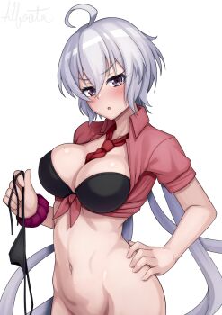 1girl ahoge alfort_(may0508) amesuku_gyaru artist_name between_breasts bikini black_bikini blush bottomless breasts cleavage collared_shirt grey_hair gyaru hand_on_own_hip highres holding holding_swimsuit holding_unworn_clothes kogal large_breasts long_hair looking_at_viewer navel necktie necktie_between_breasts open_mouth out-of-frame_censoring pink_shirt purple_eyes red_necktie senki_zesshou_symphogear shirt short_sleeves simple_background solo strapless strapless_bikini swimsuit tied_shirt unworn_bikini_bottom unworn_swimsuit upper_body v-shaped_eyebrows very_long_hair white_background yukine_chris