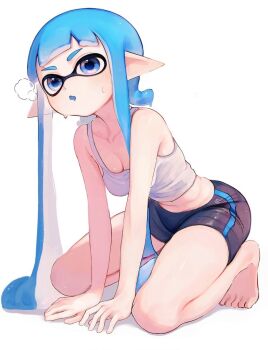 1girl barefoot bike_shorts blue_eyes blue_hair blue_pupils breasts cleavage inkling inkling_girl inkling_player_character kodak_painter long_hair looking_ahead nintendo open_mouth pointy_ears simple_background sitting solo splatoon_(series) splatoon_3 sweat tentacle_hair very_long_hair white_background