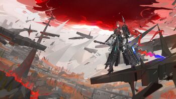 Rule 34 | 1girl, absurdres, arknights, arknights: endfield, armor, black halo, blue hair, bodysuit, breasts, cleavage, ember (arknights), from side, gloves, greatsword, greaves, halo, high heels, highres, holding, holding sword, holding weapon, landscape, long hair, multicolored hair, nslacka, red hair, red sky, see-through cleavage, see-through clothes, shoulder armor, sky, solo, streaked hair, sword, weapon, white gloves, yellow eyes