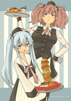2girls absurdres alternate_costume alternate_hairstyle apron atlanta_(kancolle) black_hat black_vest blue_eyes brown_hair burger collared_shirt commentary_request cowboy_shot dress dress_shirt food french_fries garrison_cap grey_hair hat hibiki_(kancolle) highres kantai_collection long_hair multiple_girls pot-de sailor_dress shirt striped_background twintails vest waitress white_apron white_shirt