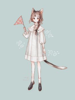 Rule 34 | 1girl, animal ears, black ribbon, black shoes, braid, brown eyes, brown hair, capelet, cat ears, cat girl, cat tail, closed mouth, commentary request, dated, dress, full body, green background, hair ribbon, hand up, highres, holding, limo nine, loafers, long hair, long sleeves, looking ahead, neck ribbon, original, puffy long sleeves, puffy sleeves, ribbon, shoes, signature, simple background, single braid, socks, solo, standing, tail, white capelet, white dress, white ribbon, white socks