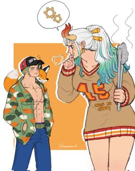 Rule 34 | 1boy, 1girl, abs, animal, animal on shoulder, baseball cap, belt, belt buckle, blue hair, blue pants, brown sweater, buckle, closed mouth, collarbone, commentary, earrings, english commentary, feet out of frame, food, food on face, green hair, hair ornament, hands in pockets, hat, height difference, high ponytail, highres, holding, horns, jacket, jewelry, long hair, long sleeves, looking at another, marimo fr, multicolored hair, notice lines, one eye closed, one piece, open clothes, open jacket, pants, pectorals, ponytail, roronoa zoro, scar, scar across eye, scar on chest, scar on face, short hair, sweater, thinking, white hair, yamato (one piece)