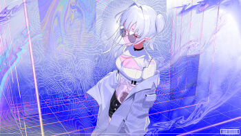 1girl absurdres black-framed_eyewear black_pants black_shorts blue_background bone breast_cutout breasts cleavage cleavage_cutout clothing_cutout clothing_request commission double_bun eyewear_on_head glasses hair_bun highres jacket jacket_partially_removed long_sleeves looking_down open_clothes open_jacket pants pocket pointy_ears purple_background red_eyes ribs round_eyewear see-through_body shirt short_hair shorts signal_1120 skeb_commission skeleton solo spine tinted_eyewear white_hair white_jacket white_shirt wind