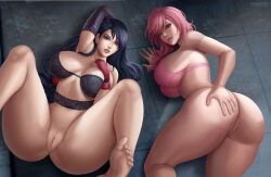 Rule 34 | 2girls, absurdres, ass, black hair, black lingerie, bottomless, breasts, brown eyes, elbow gloves, final fantasy, final fantasy vii, final fantasy xiii, floor, flowerxl, garter straps, gloves, hand on own ass, highres, huge breasts, leggings, lightning farron, lingerie, long hair, looking at viewer, lying, multiple girls, no panties, no underwear (female), pink hair, pink lingerie, pussy, thighhighs, tifa lockhart, toned, toned female, underwear, video game character