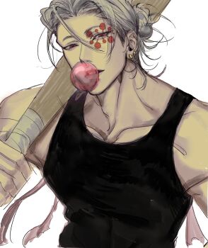 Rule 34 | 1boy, alternate costume, baseball bat, black tank top, blowing bubble gum, chewing gum, collarbone, commentary request, contemporary, earrings, highres, holding, holding baseball bat, jewelry, kimetsu no yaiba, korean commentary, looking at viewer, male focus, muscular, muscular male, short hair, solo, tank top, upper body, uzui tengen, white hair, zan 3an
