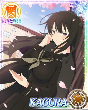 Rule 34 | 1girl, black capelet, black dress, black eyes, black hair, blue pupils, border, breasts, capelet, card (medium), character name, cherry blossoms, closed mouth, dress, flower-shaped pupils, game cg, hand on own face, kagura (senran kagura), large breasts, long hair, looking at viewer, official art, petals, senran kagura, senran kagura new wave, smile, solo, symbol-shaped pupils, third-party source, very long hair