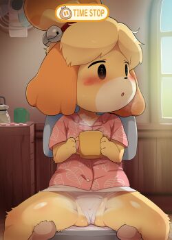 1girl :o @_@ animal_crossing animal_ears animal_nose black_eyes blonde_hair blush blush_stickers body_fur buttons chair chibi cup dagasi day dog_ears dog_girl empty_eyes furry furry_female furry_with_non-furry gluteal_fold groin highres holding holding_cup indoors interspecies isabelle_(animal_crossing) looking_to_the_side miniskirt nintendo office_chair panties pantyshot parted_lips pov pov_hands shirt short_sleeves sitting skirt snout solo_focus spread_legs steam swivel_chair time_stop topknot underwear upskirt user_interface white_panties window yellow_fur