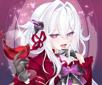 1girl absurdres alcohol black_bow black_gloves bow bright_pupils chest_bow commentary_request cup drinking_glass gloves gradient_bow hair_between_eyes hair_intakes hair_ribbon highres holding holding_cup honkai_(series) honkai_impact_3rd jacket kokuyou_oath long_hair looking_at_viewer portrait purple_bow purple_eyes red_jacket red_ribbon red_wine ribbon side_horn solo thelema_nutriscu thelema_nutriscu_(mad_pleasure:_shadowbringer) tongue tongue_out white_hair white_pupils wine wine_glass