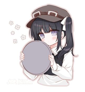 1girl black_hair blunt_bangs brown_hat closed_mouth collared_shirt commentary_request goggles goggles_on_headwear grey_eyes hair_ribbon hands_up hat holding holding_tray kurobe_nanoka long_hair long_sleeves looking_at_viewer mahou_shoujo_no_majo_saiban official_alternate_costume ribbon shikito_(yawa0w0) shirt sidelocks simple_background solo tray treasure_cafe twintails upper_body vest white_background white_shirt